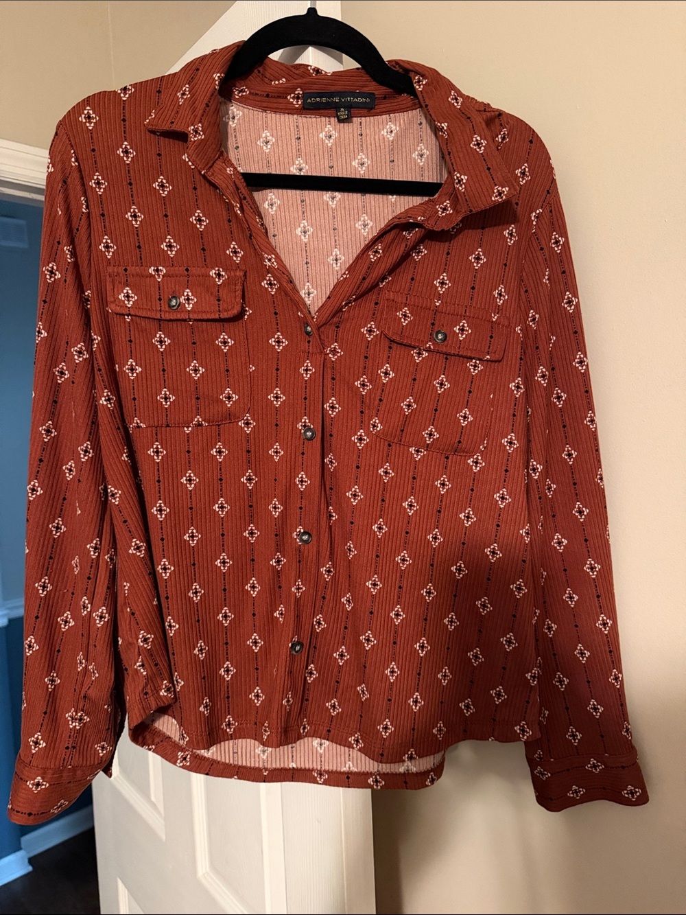 Adrienne Vittadini Rust Orange Geometric Button-Front Shirt